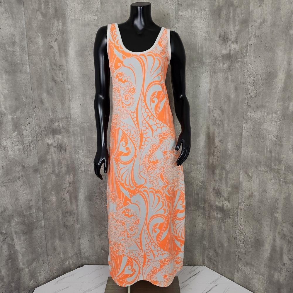 Vintage 70s Neon Orange Tropical Abstract Textured Tank Dress Tiki Luau Stretchy